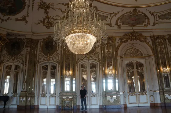 Gilded hall with chandeliers in Queluz Palace